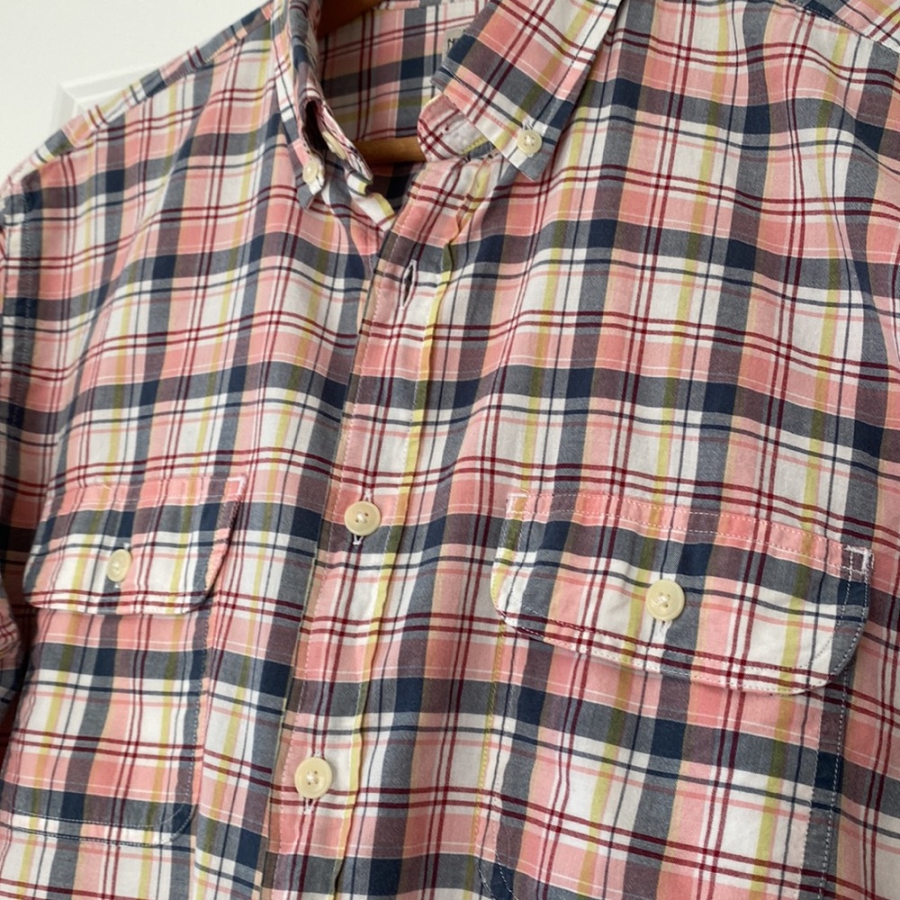 J Crew Madras Plaid Long Sleeve Shirt w Button Collar Sz  L + MEASUREMENTS